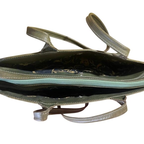 T. Saldivar Hand-Tooled Leather Shoulder Bag In Olive Green Beige Mexican Boho - Picture 7 of 7